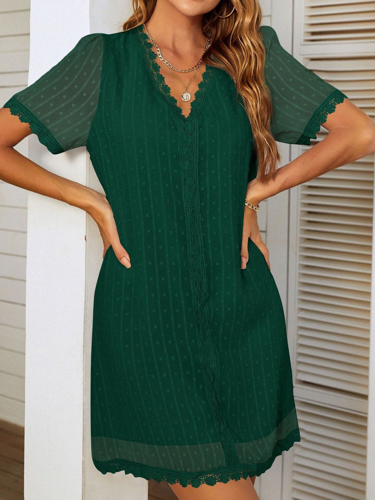 Femmes Pois Polka Blanc Col V Confortable Court Robe Décontracté