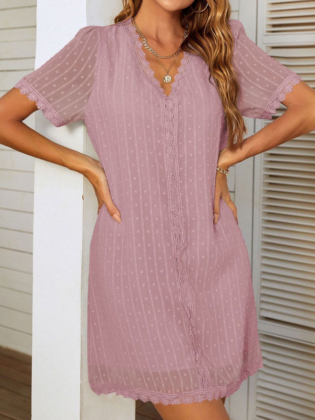 Femmes Pois Polka Blanc Col V Confortable Court Robe Décontracté