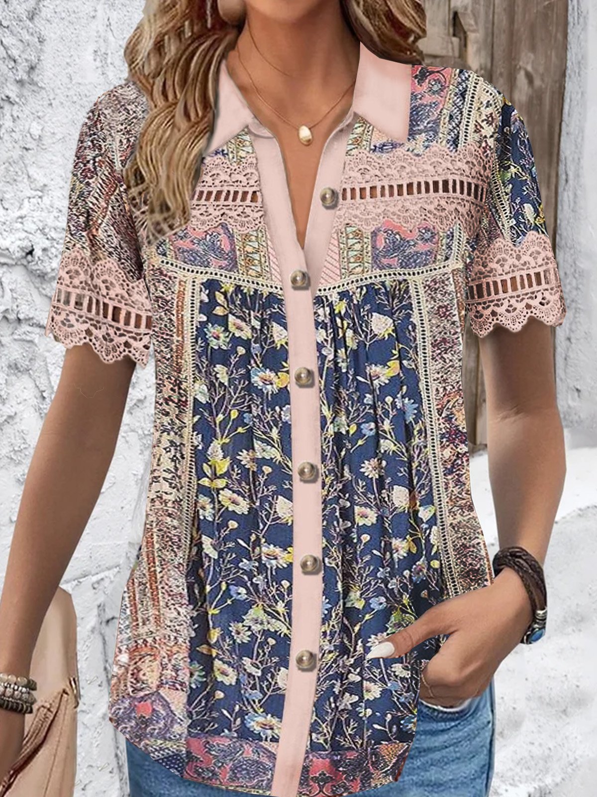 Blouses Décontracté Floral Été Polyester Aucune élasticité Vacances Droit Régulier Col de Chemise pour Femmes