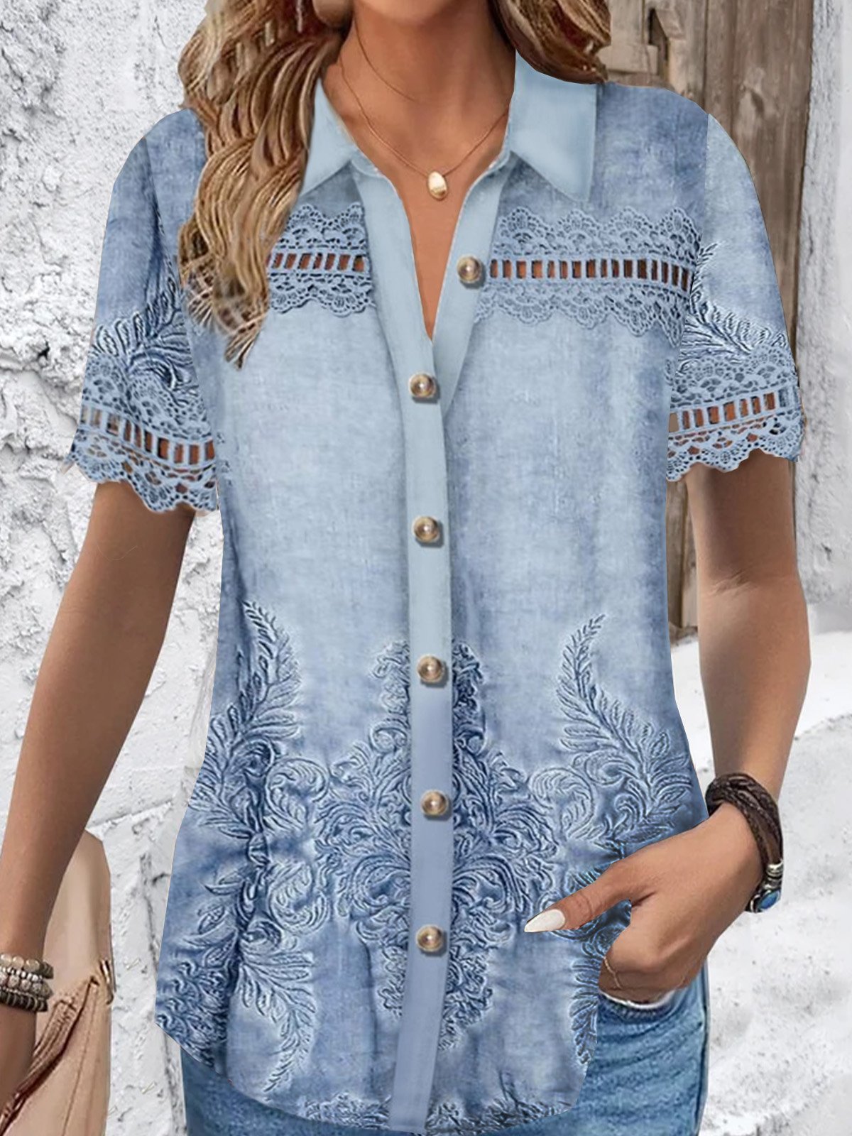Blouses Décontracté Ethnique Été Quotidien Dentelle Manches Courtes Régulier Régulier Col de Chemise pour Femmes