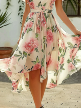 Femmes Floral Rose Col V Confortable Robe Mi-Longue Vacances