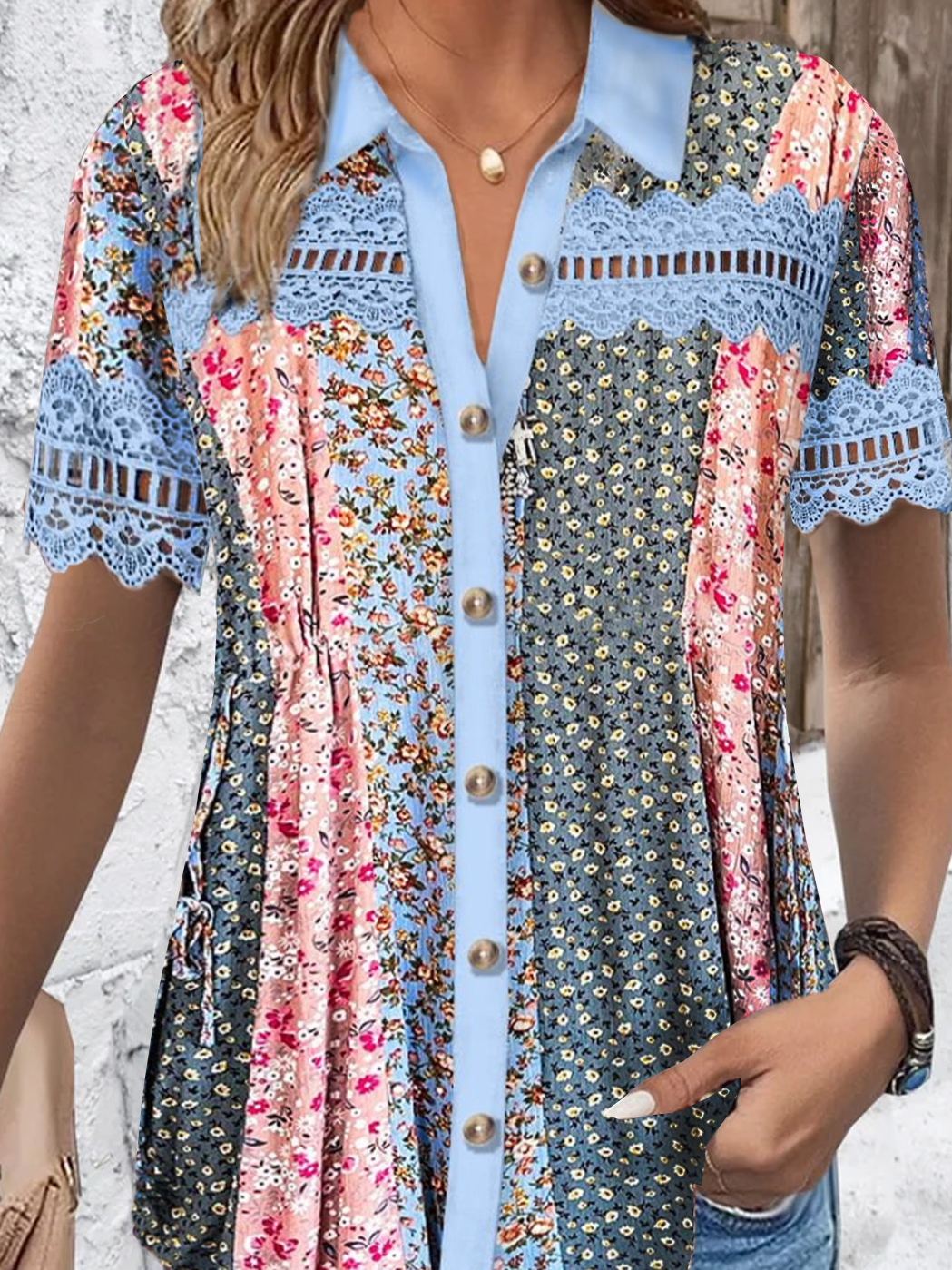 Blouses Décontracté Contrasté Couture Été Aucune élasticité Dentelle Manches Courtes Régulier Droit Régulier pour Femmes