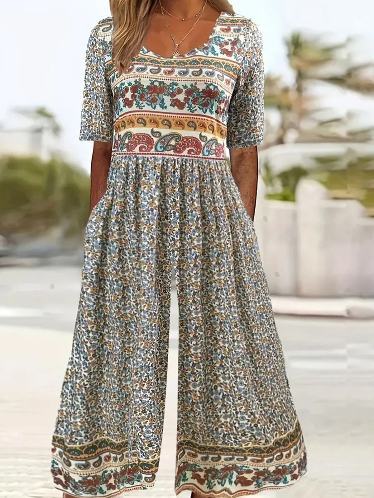 Combinaisons Femmes Été Vacances Petit Floral Aucune élasticité Ample Col Rond Long Régulier Non