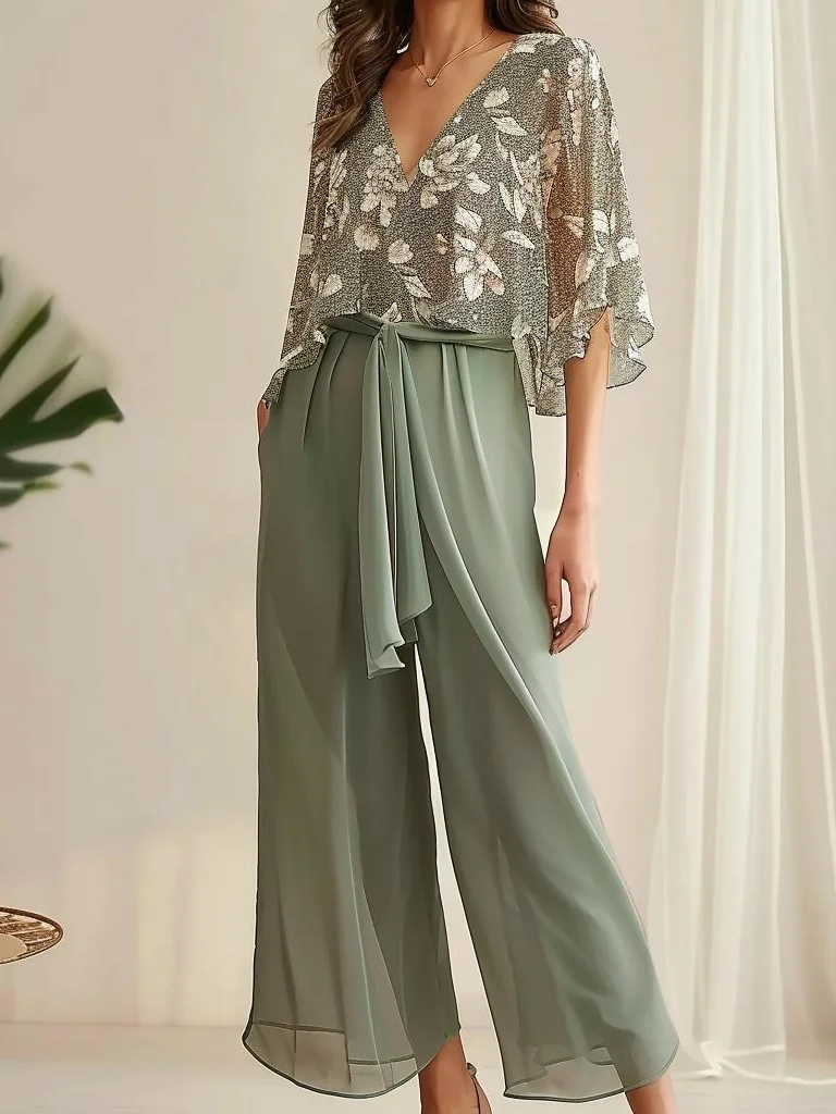 Deux Pièces Ensembles Simple Floral Été Polyester Manches volantées Naturel Rendez-Vous Ample Top Avec Pantalons pour Femmes