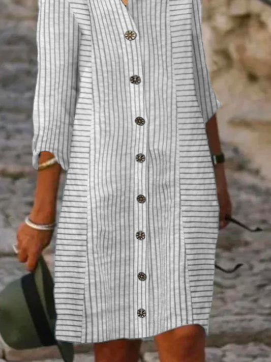 Femmes Rayé Blanc Col de Chemise Confortable Court Robe Décontracté