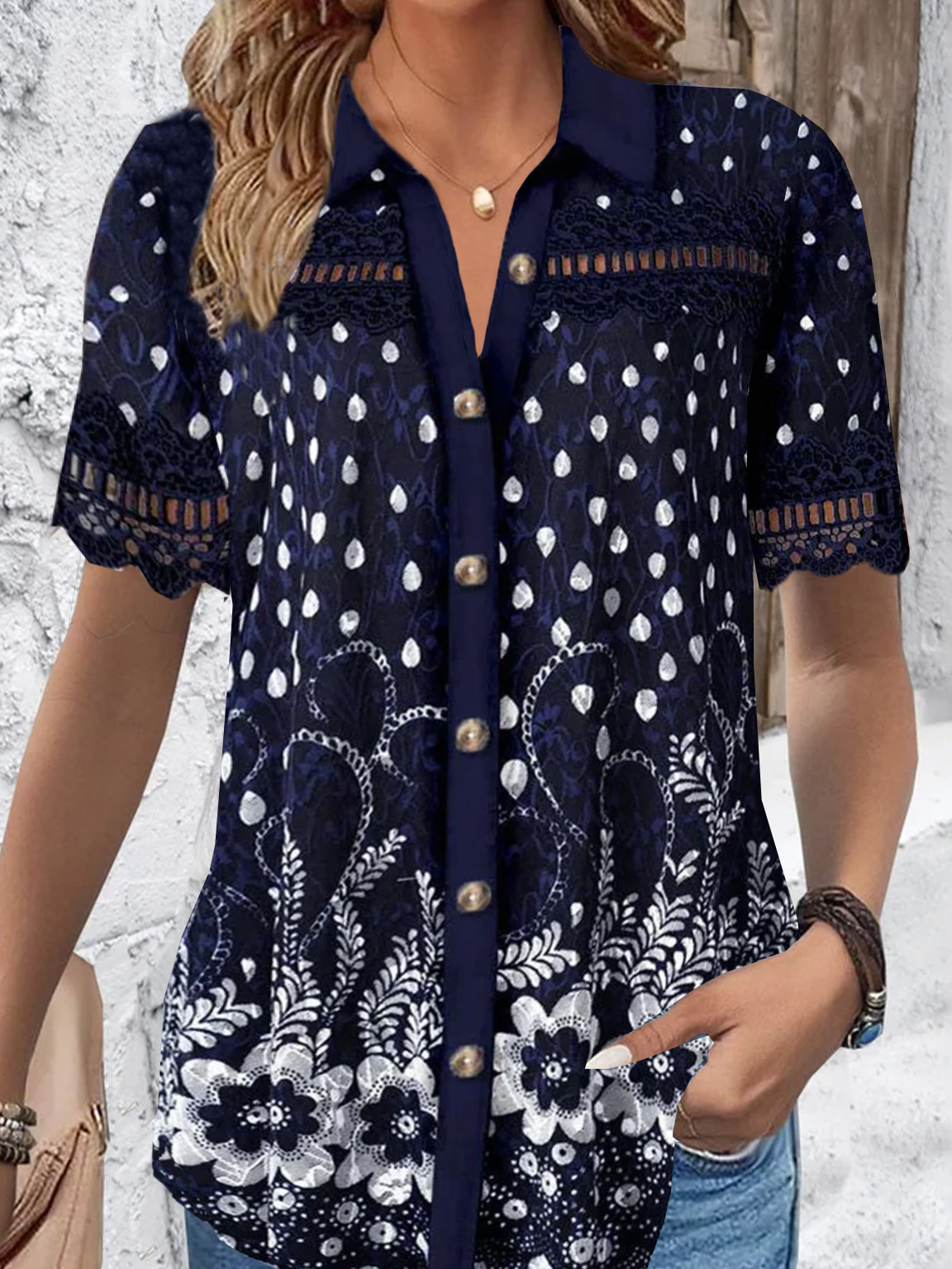 Blouses Décontracté Floral Été Viscose Ample Dentelle Manches Courtes Régulier Col de Chemise pour Femmes