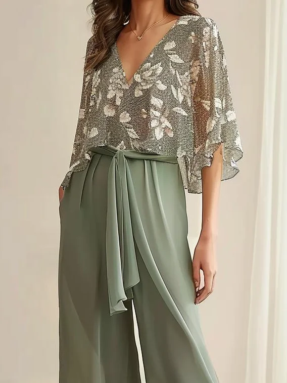 Deux Pièces Ensembles Simple Floral Été Polyester Manches volantées Naturel Rendez-Vous Ample Top Avec Pantalons pour Femmes