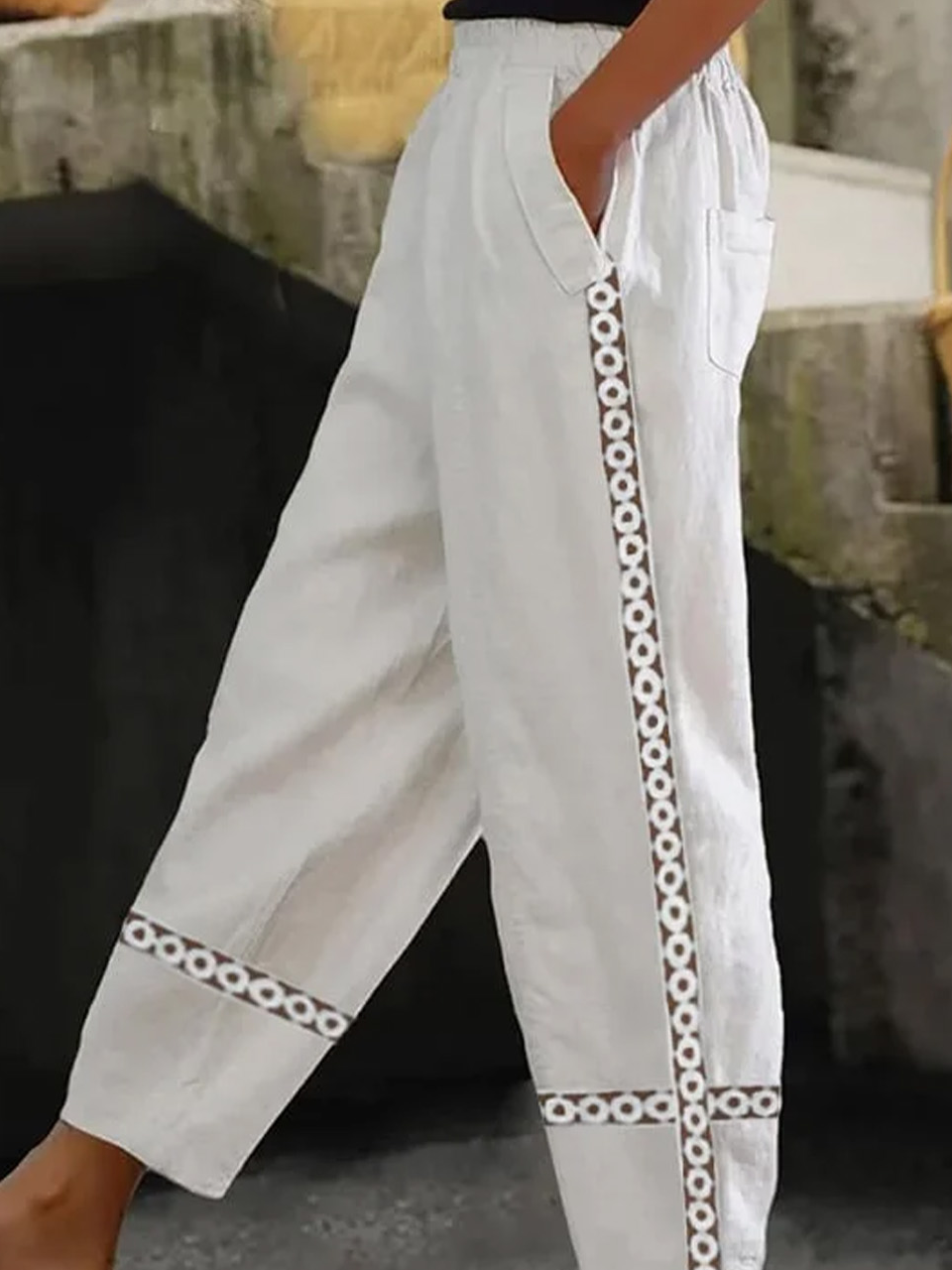 Pantalons Femmes Décontracté Plain Printemps / Automne en Lin Quotidien Ample Dentelle Taille Moyenne Régulier
