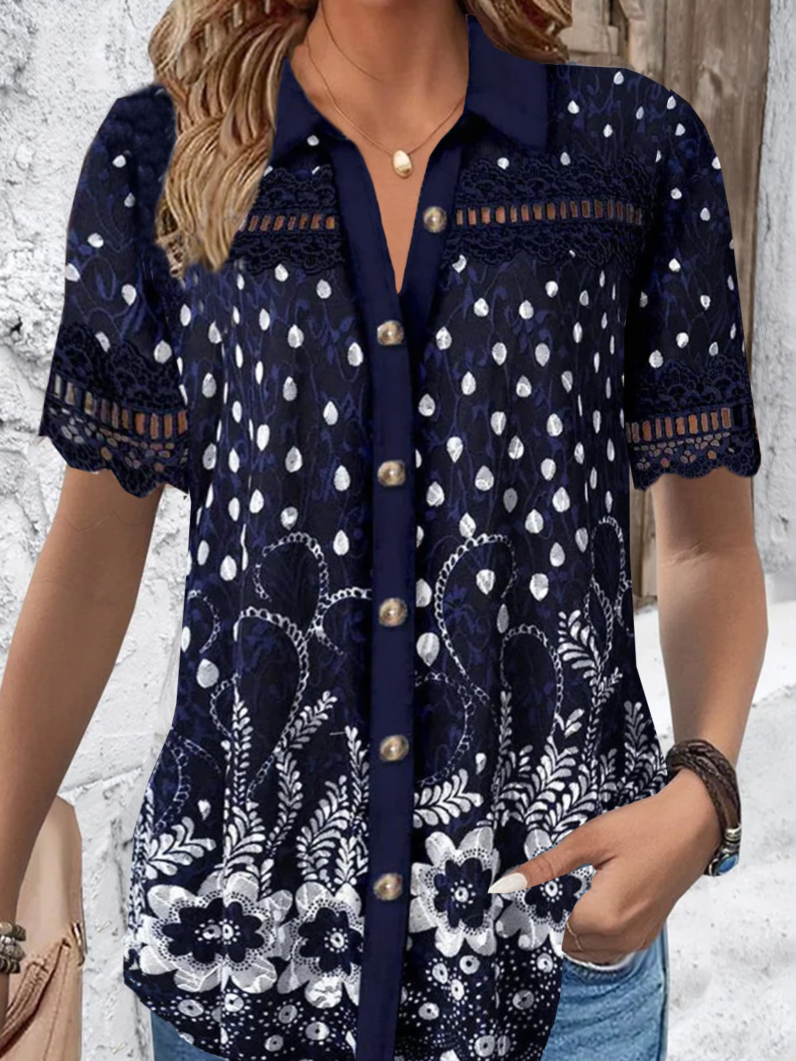 Blouses Décontracté Floral Été Viscose Ample Dentelle Manches Courtes Régulier Col de Chemise pour Femmes