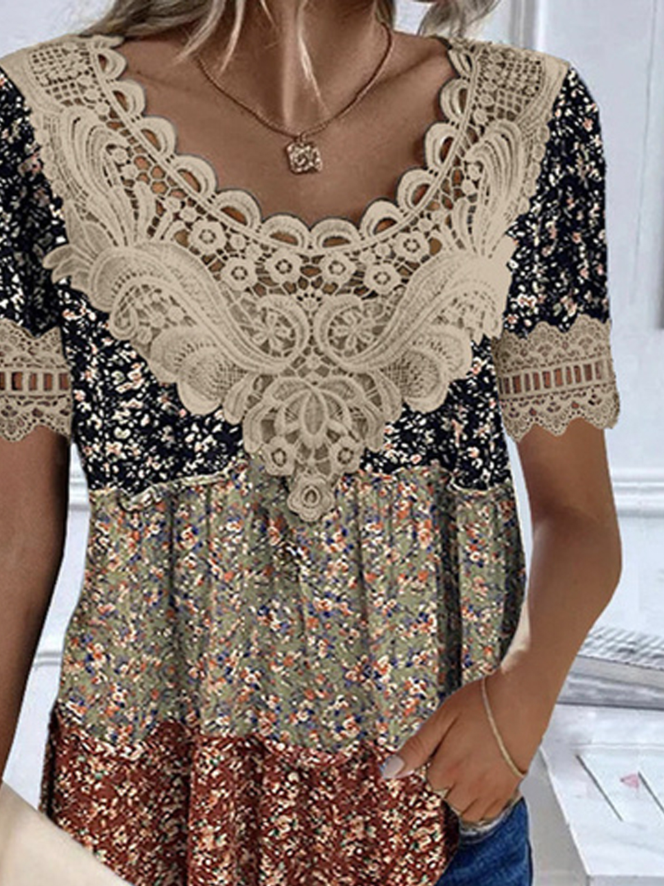 Chemises Femmes Décontracté Été Disty Floral Polyester Col V Ample Manches Courtes Droit Dentelle