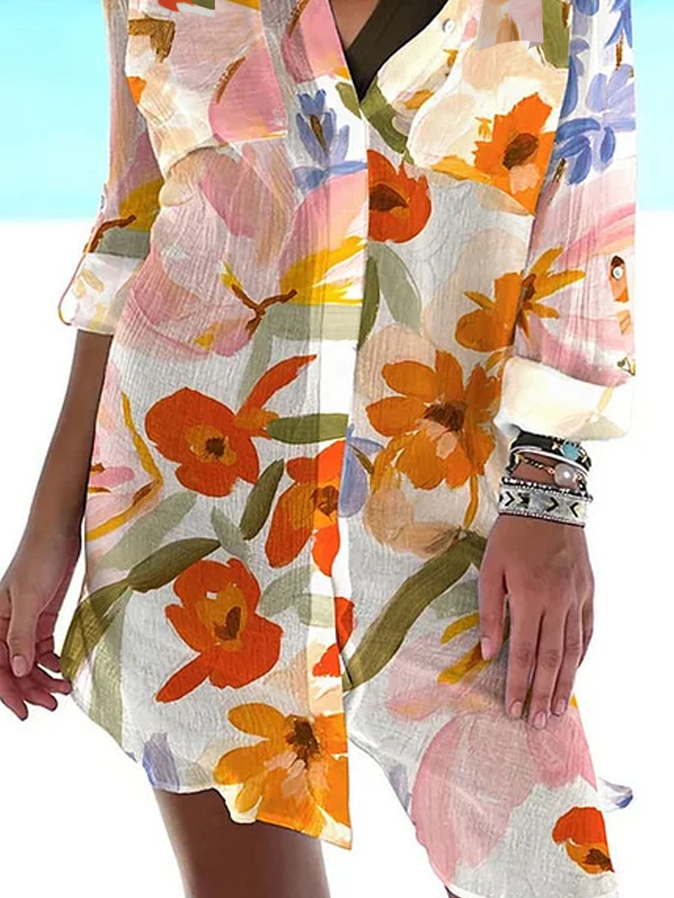 Femmes Floral Rouge Col de Chemise Confortable Court Robe Décontracté