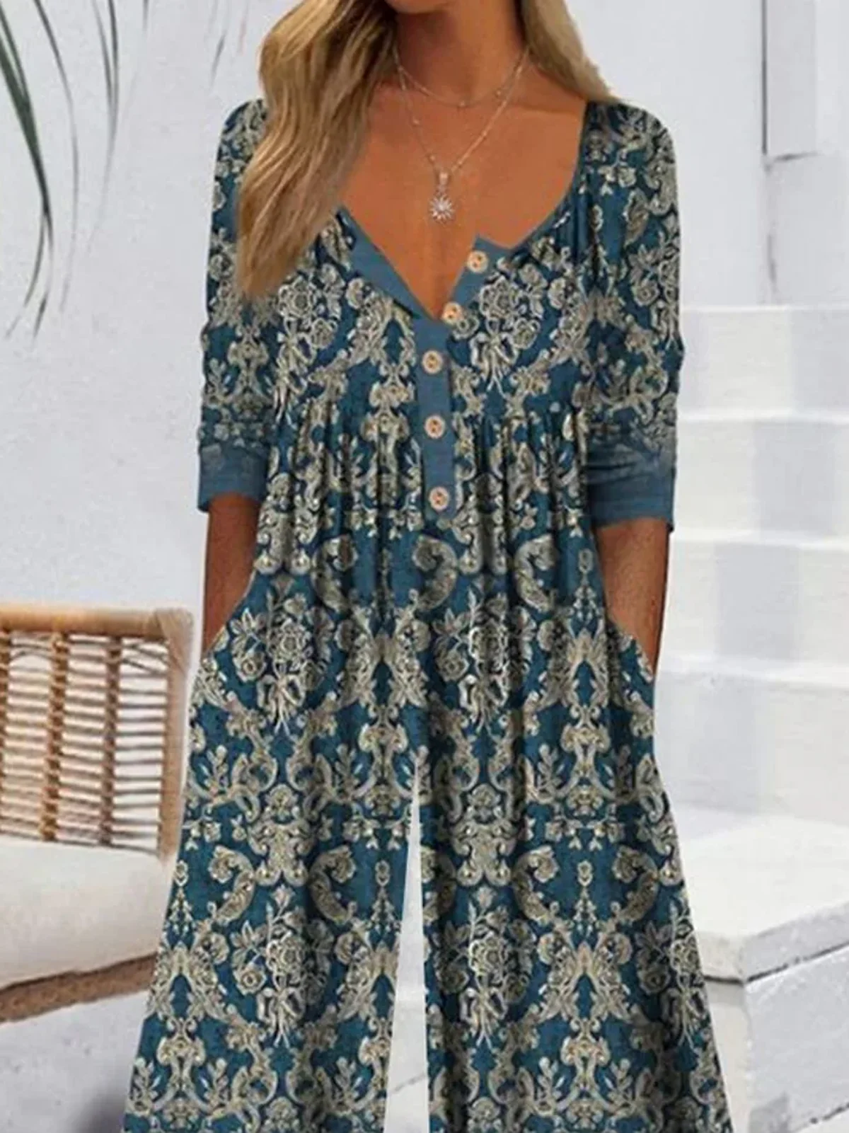 Combinaisons Décontracté Ethnique Été Polyester Micro-élasticité Quotidien Ample Demi Manche Long pour Femmes
