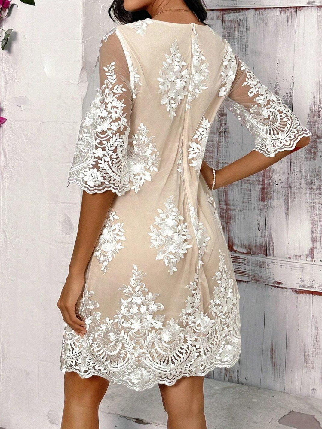 Femmes Plain Blanc Col Rond Confortable Brodé Robe Mi-Longue Élégant