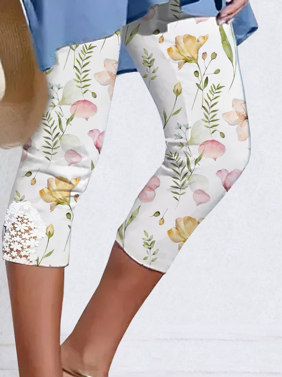 Pantalons De Yoga Femmes Décontracté Été Floral Motif Coton Naturel à Haute Élasticité Serré Corsaire Legging