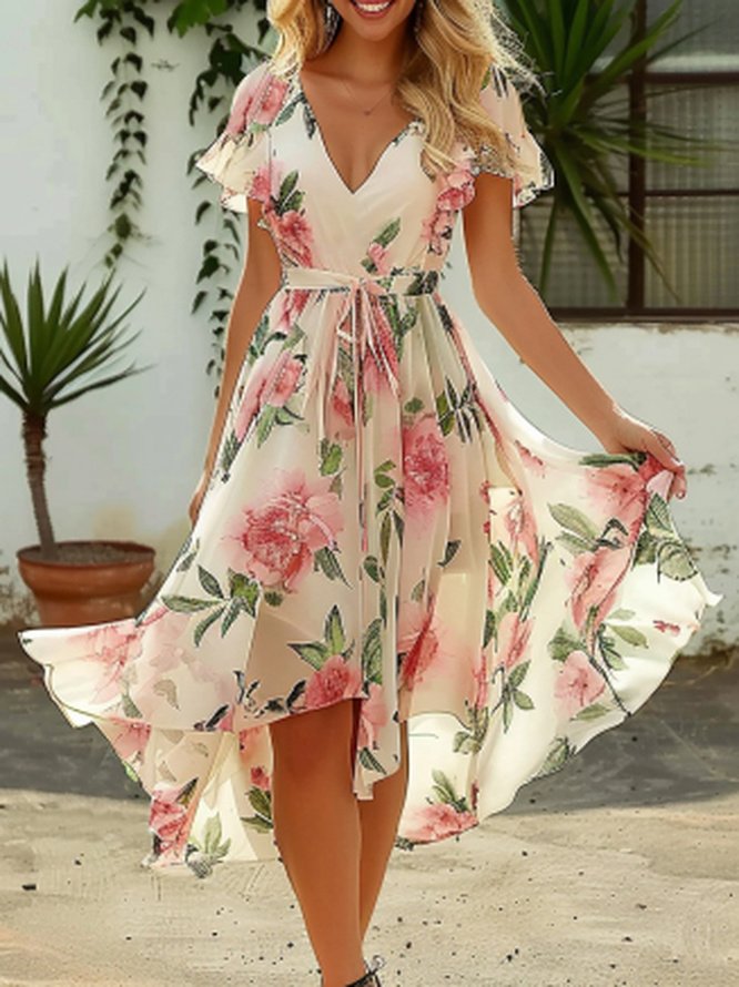 Femmes Floral Rose Col V Confortable Robe Mi-Longue Vacances