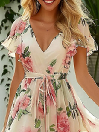 Femmes Floral Rose Col V Confortable Robe Mi-Longue Vacances