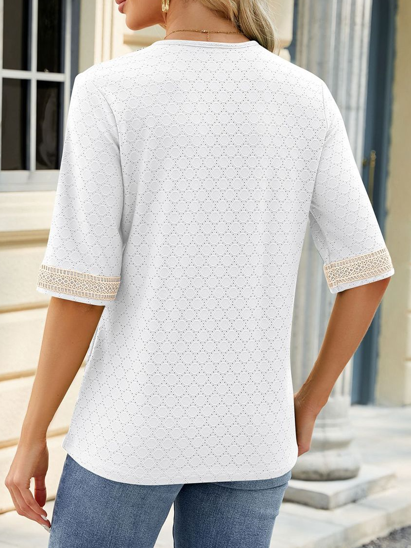 Chemises Décontracté Plain Été Coton Col V Micro-élasticité Ample Manches Courtes Régulier pour Femmes