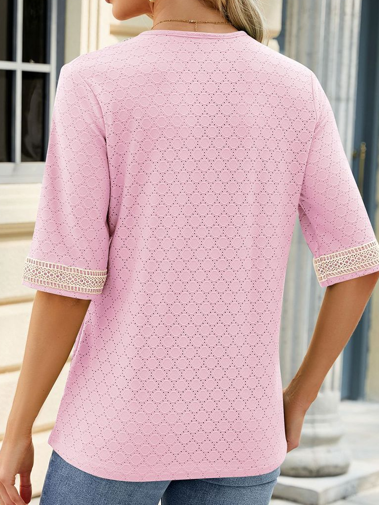Chemises Décontracté Plain Été Coton Col V Micro-élasticité Ample Manches Courtes Régulier pour Femmes
