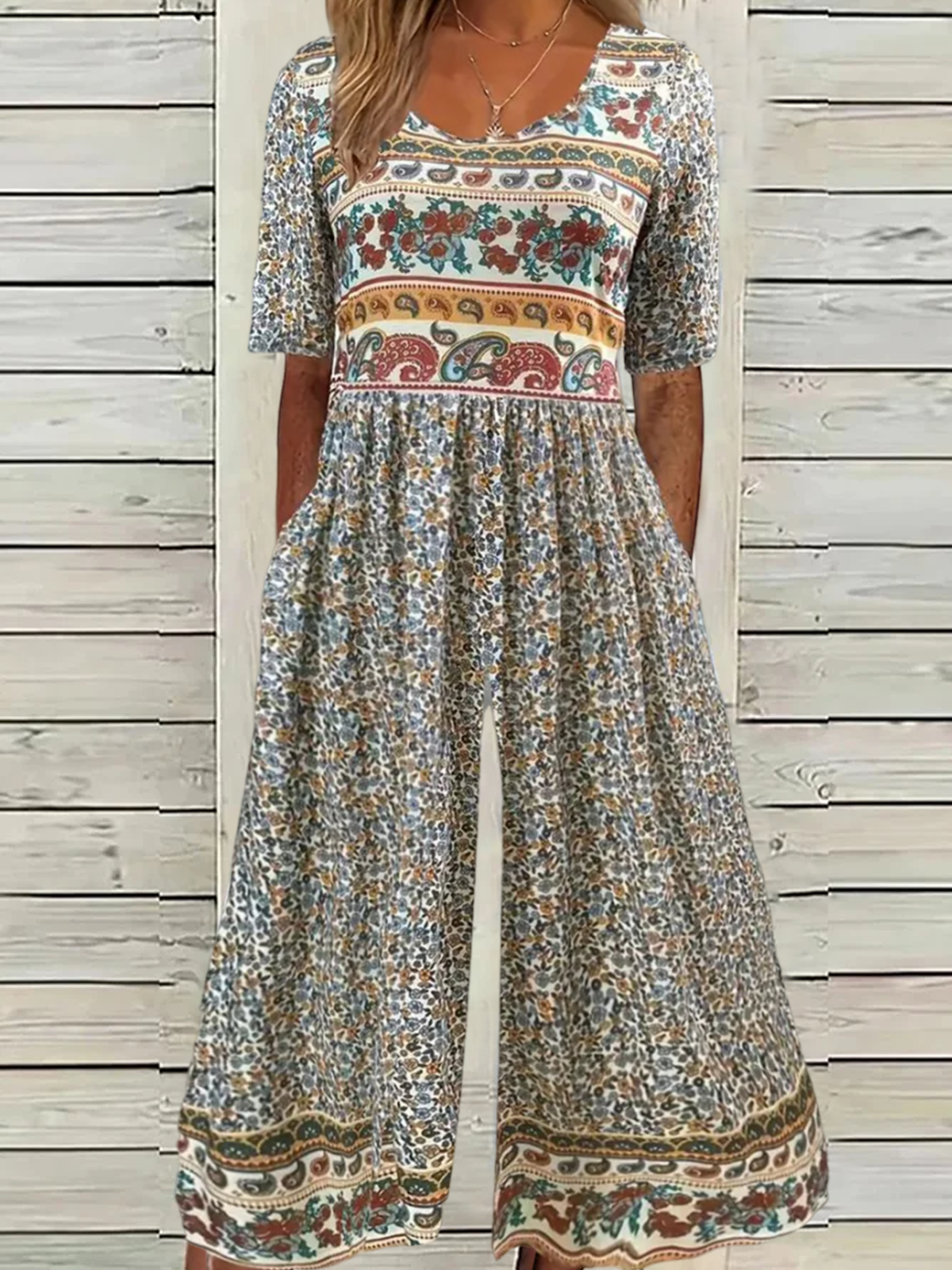 Combinaisons Femmes Été Vacances Petit Floral Aucune élasticité Ample Col Rond Long Régulier Non