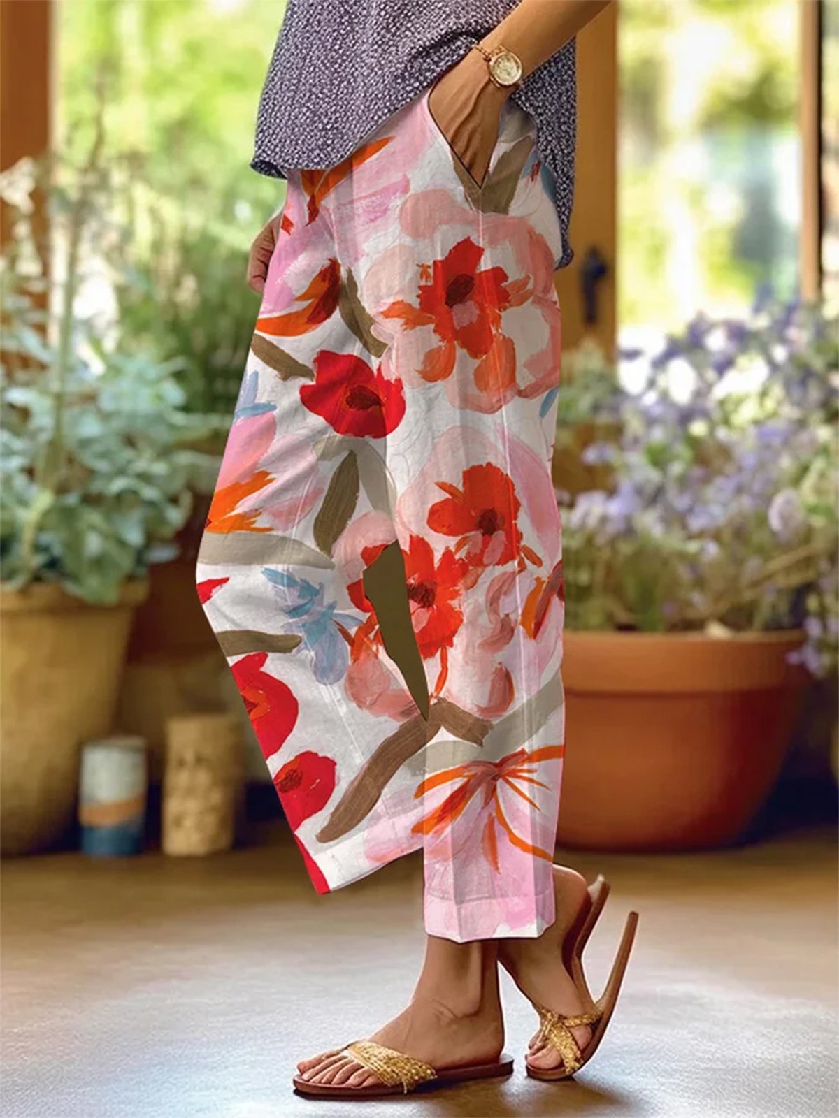 Pantalons Femmes Décontracté Floral Printemps / Automne Aucune élasticité Quotidien Ample Droit Régulier Couture de poche