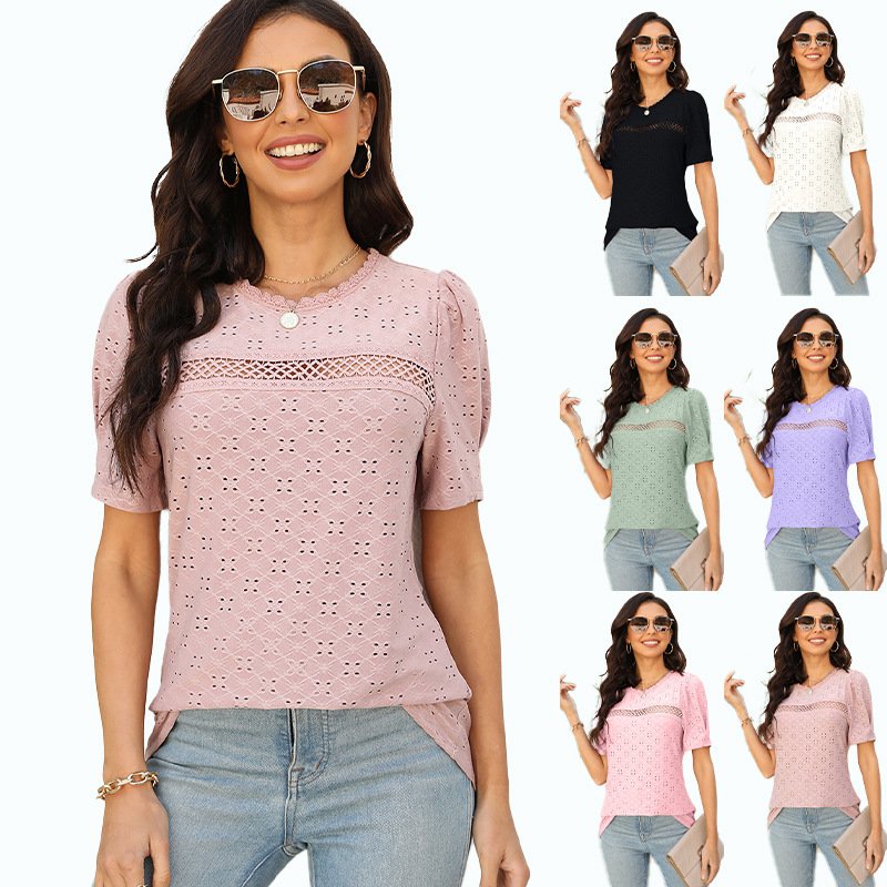 Chemises Femmes Décontracté Plain Été Polyester Micro-élasticité Ample Manches Courtes Col Rond Régulier