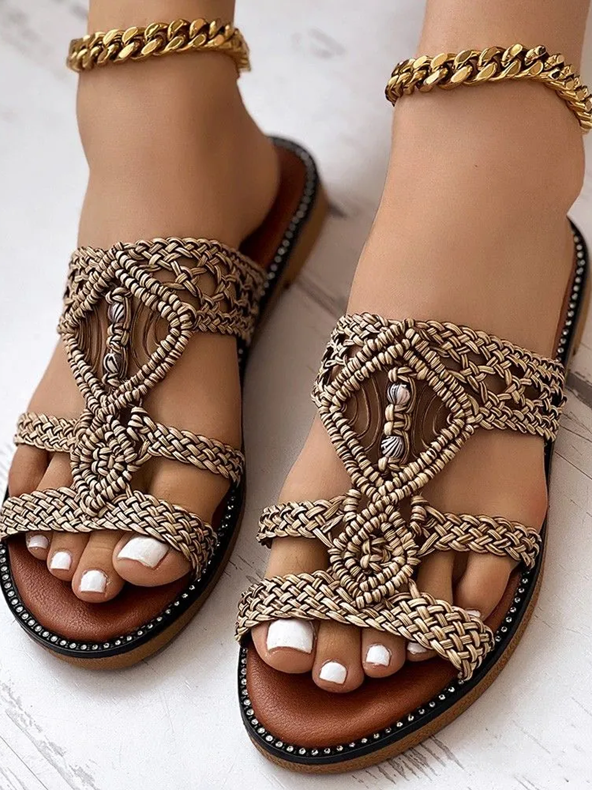 Sandales Antidérapantes Femmes Boho Plain Été Toit ouvert PU Tressé PU Caoutchouc Tong