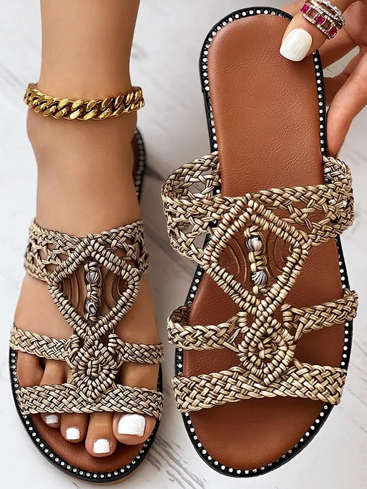 Sandales Antidérapantes Femmes Boho Plain Été Toit ouvert PU Tressé PU Caoutchouc Tong