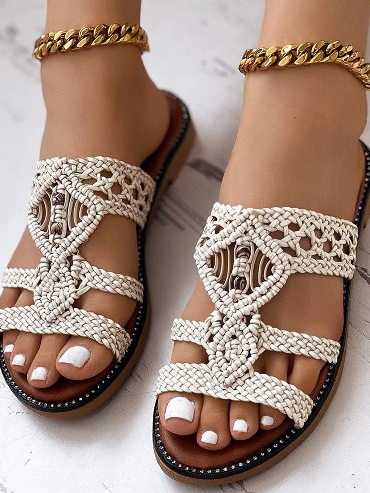 Sandales Antidérapantes Femmes Boho Plain Été Toit ouvert PU Tressé PU Caoutchouc Tong