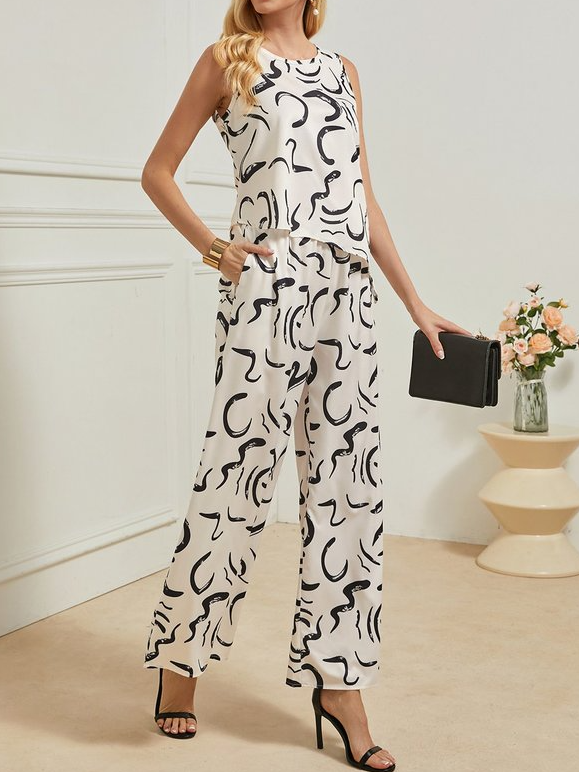 Deux Pièces Ensembles Femmes Été Simple Abstrait Graphique Polyester Quotidien Sans Manches Col Rond Top Avec Pantalons Droit