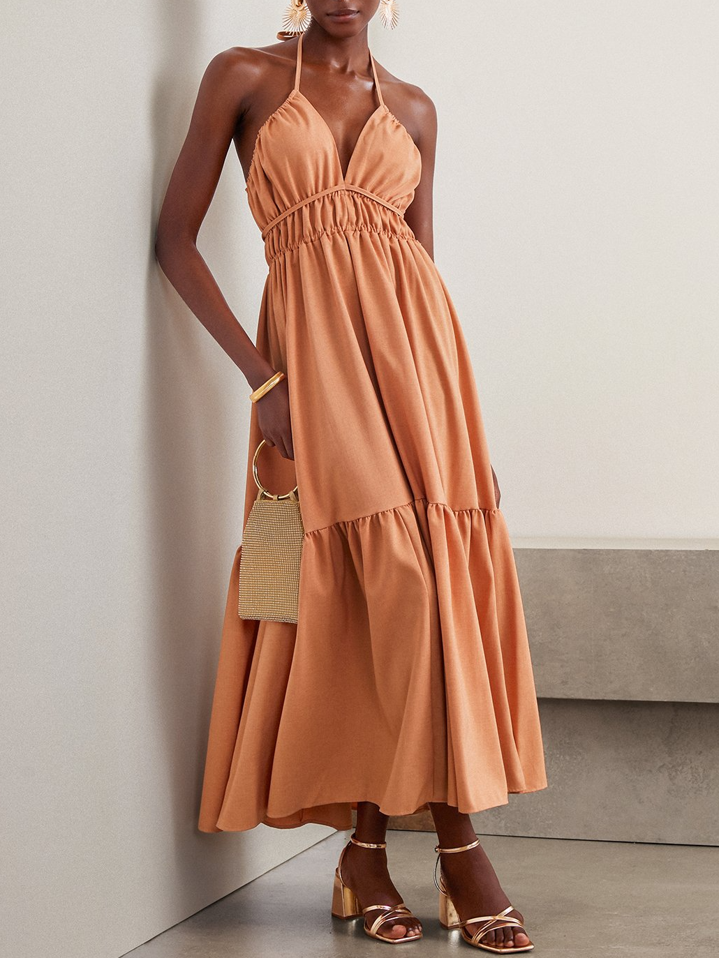 Femmes Plain Orange à Bretelles Confortable Froncé Robe Maxi Vacances