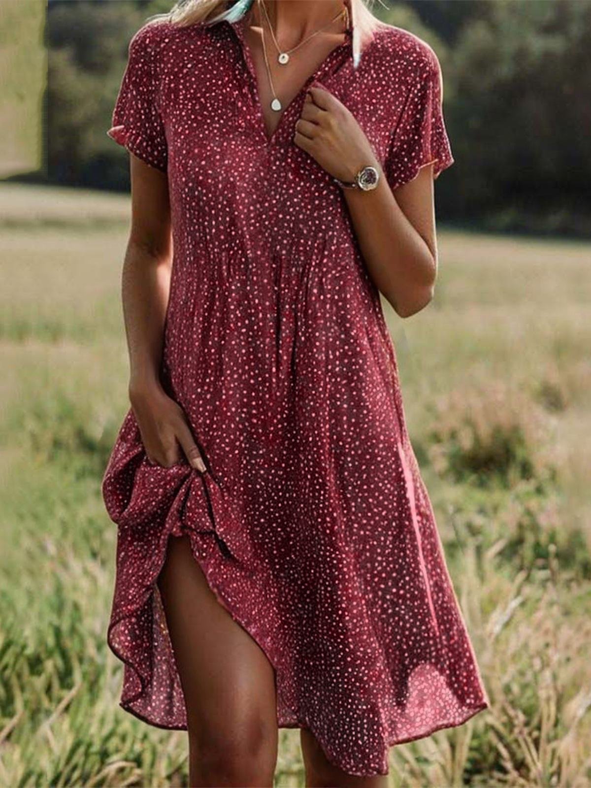 Femmes Pois Polka Vert Col de Chemise Confortable Robe Mi-Longue Décontracté