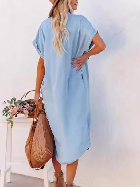 Femmes Plain Bleu Col de Chemise Confortable Robe Mi-Longue Décontracté