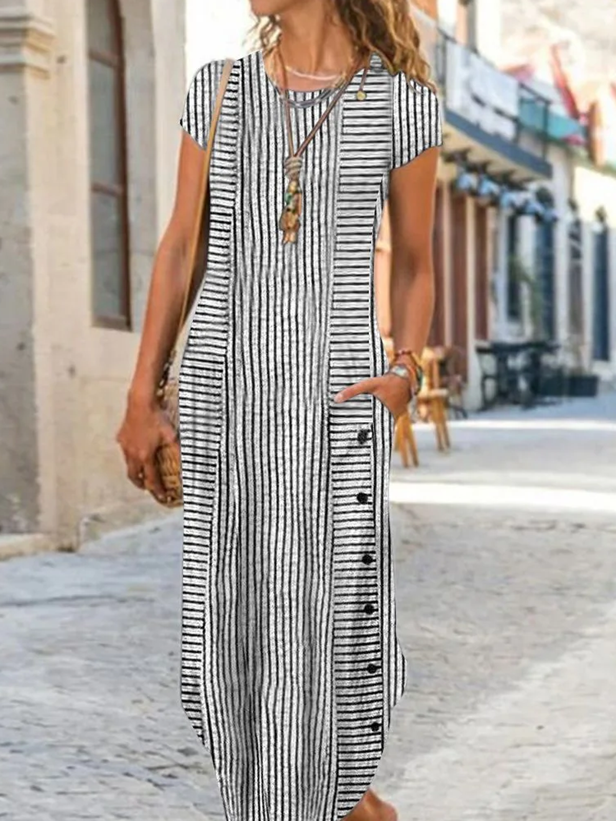 Femmes Rayé Noir Col Rond Confortable Boucle Robe Maxi Décontracté