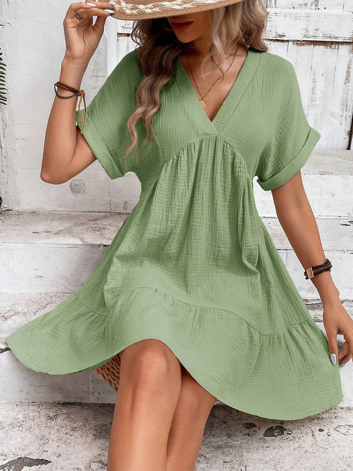 Femmes Plain Vert Col V Confortable Court Robe Décontracté