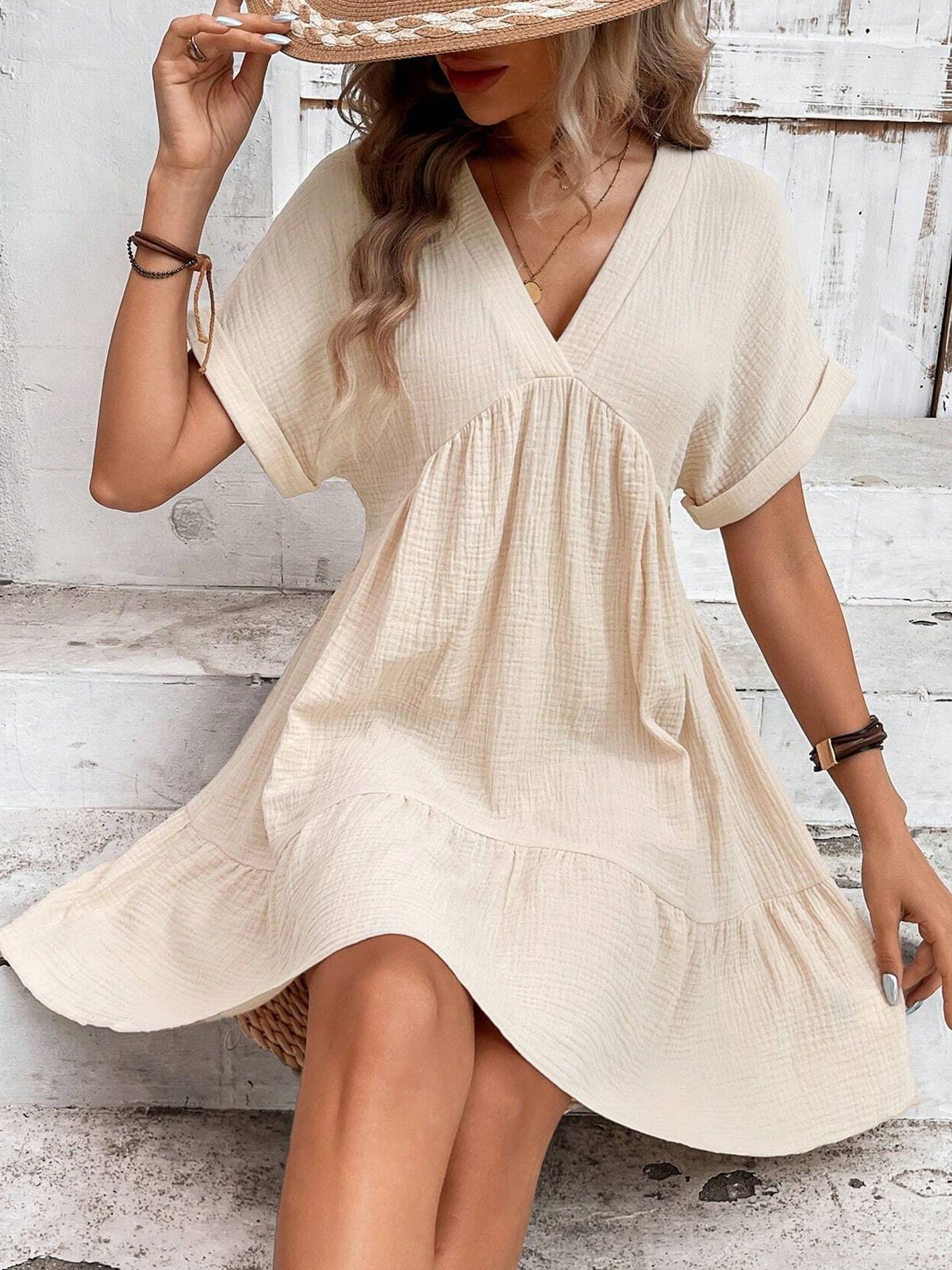 Femmes Plain Vert Col V Confortable Court Robe Décontracté
