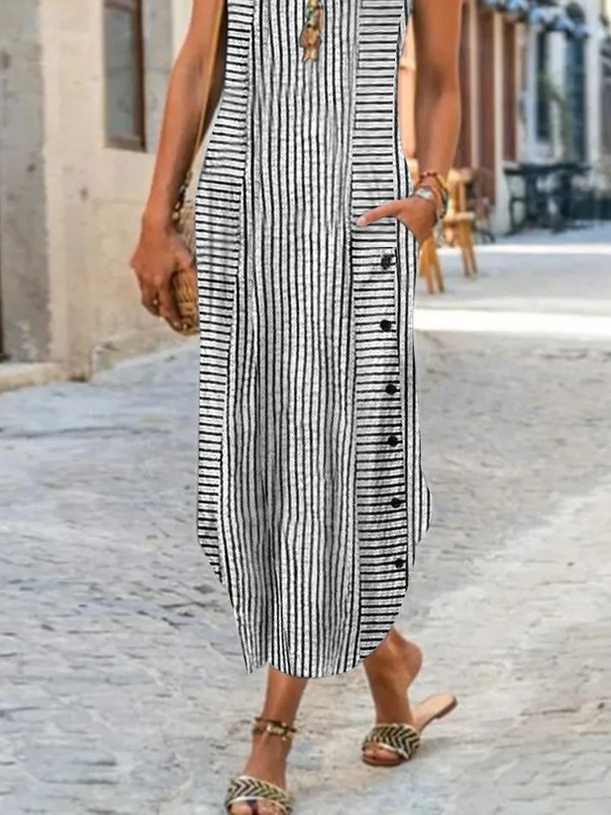 Femmes Rayé Noir Col Rond Confortable Boucle Robe Maxi Décontracté