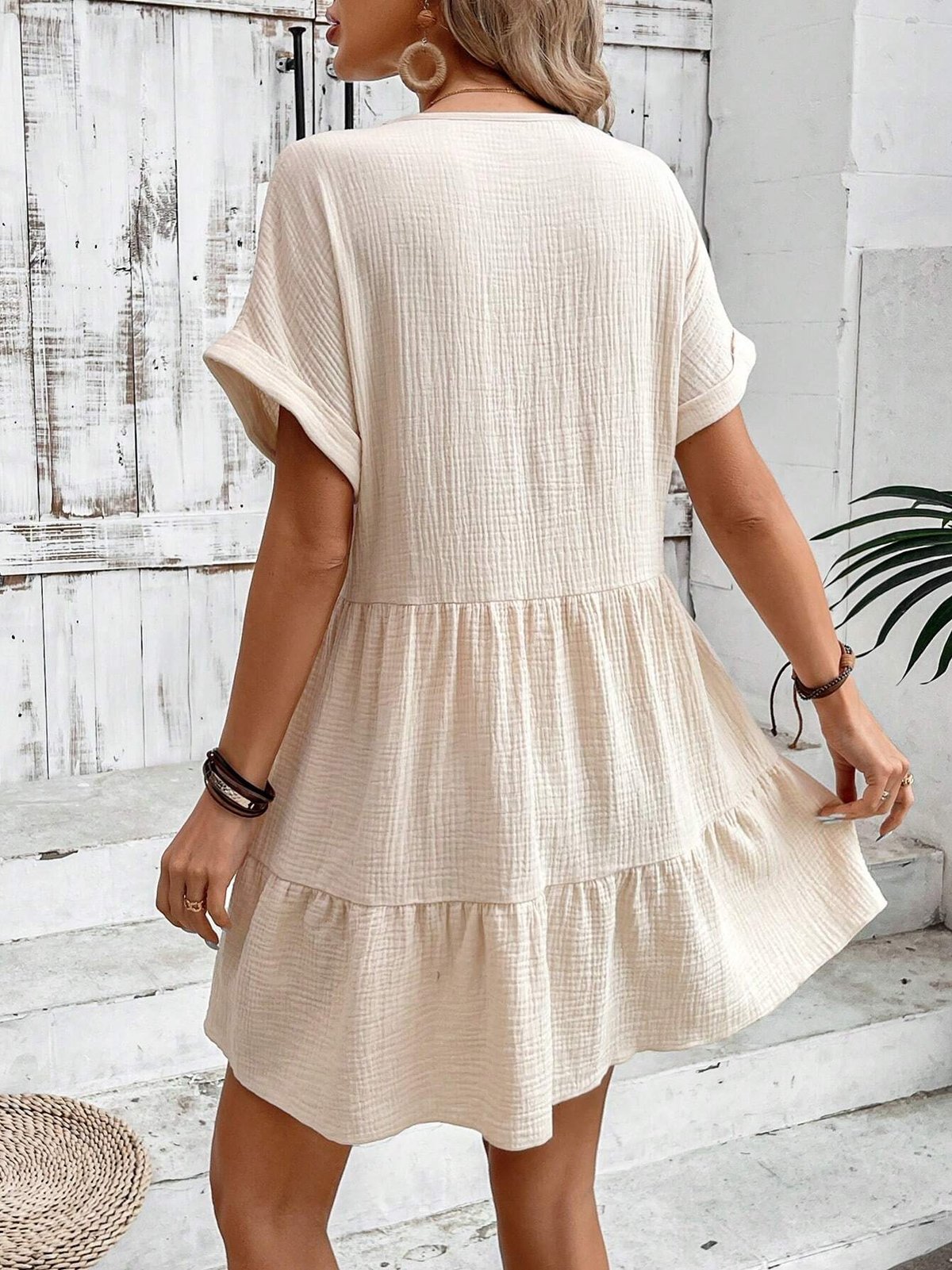 Femmes Plain Vert Col V Confortable Court Robe Décontracté