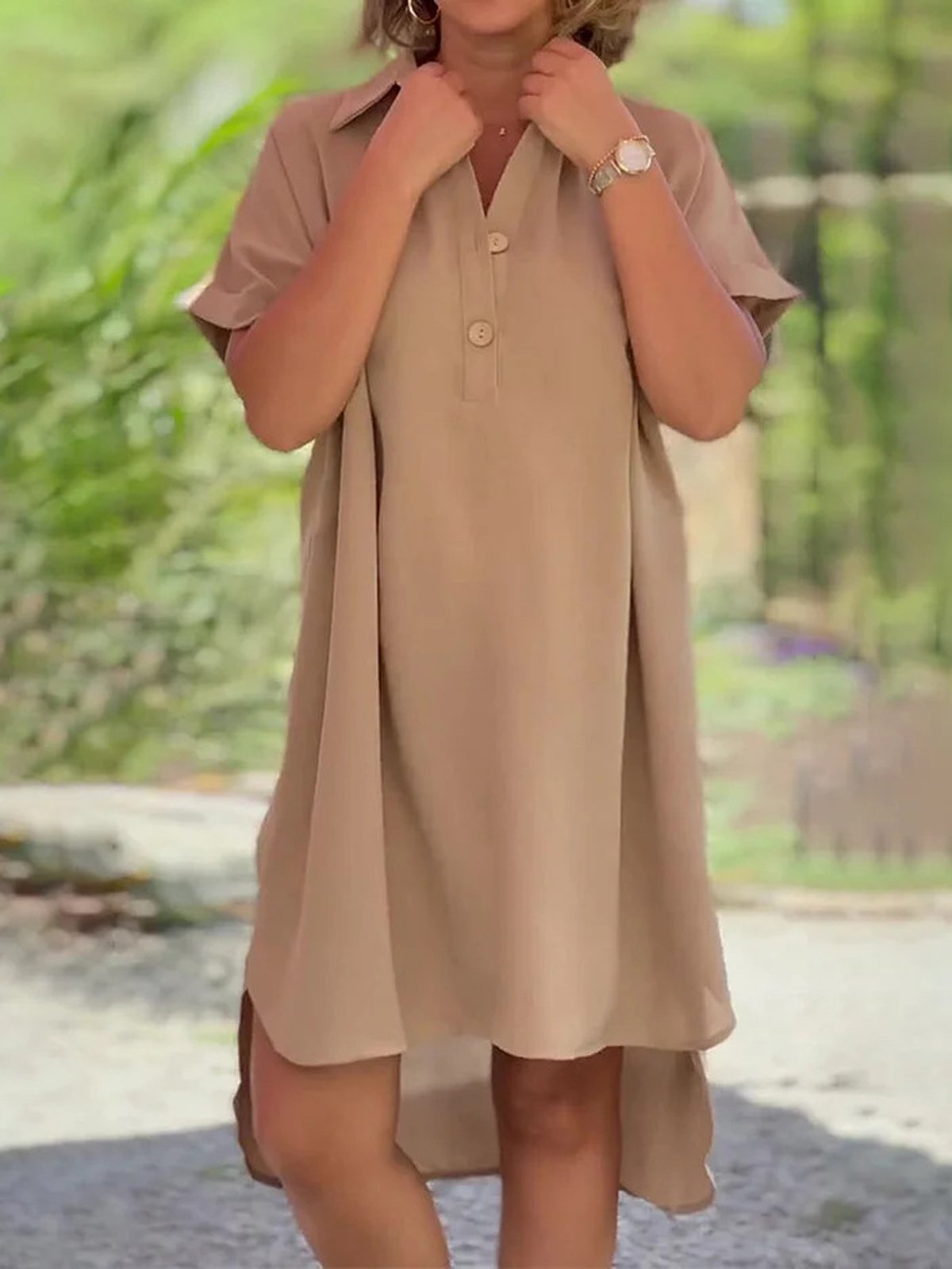 Femmes Plain Rose Foncé Col de Chemise Confortable Robe Mi-Longue Décontracté