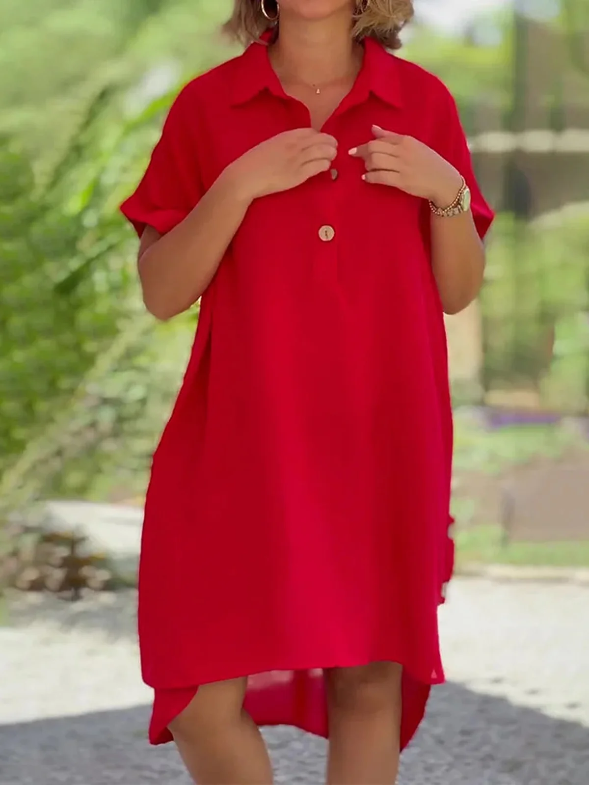 Femmes Plain Rose Foncé Col de Chemise Confortable Robe Mi-Longue Décontracté
