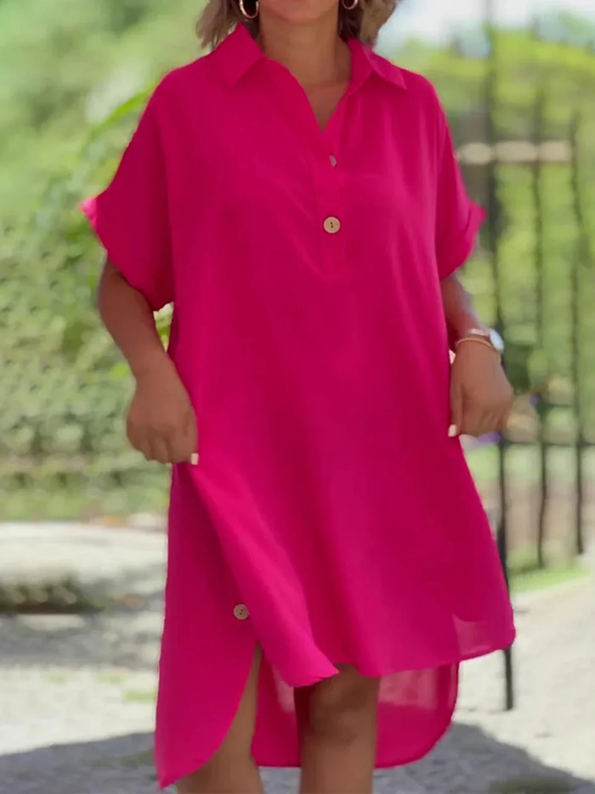 Femmes Plain Rose Foncé Col de Chemise Confortable Robe Mi-Longue Décontracté