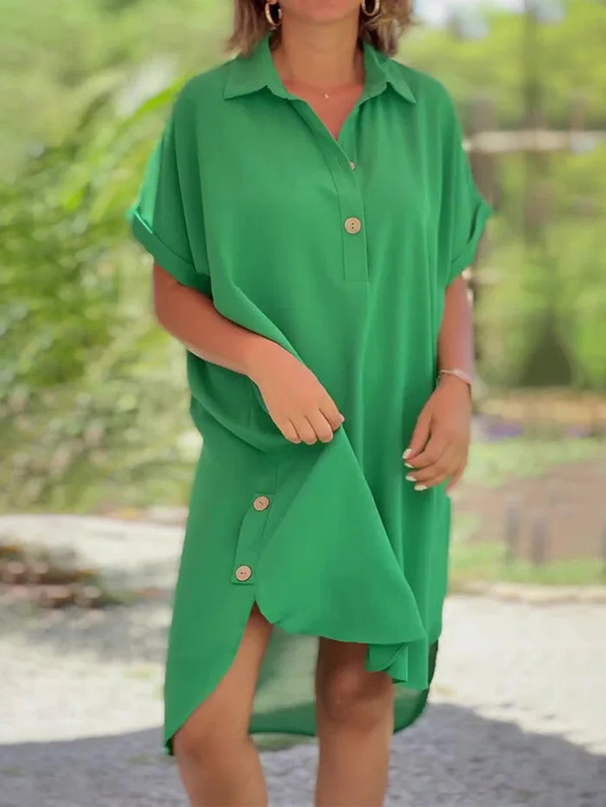 Femmes Plain Rose Foncé Col de Chemise Confortable Robe Mi-Longue Décontracté
