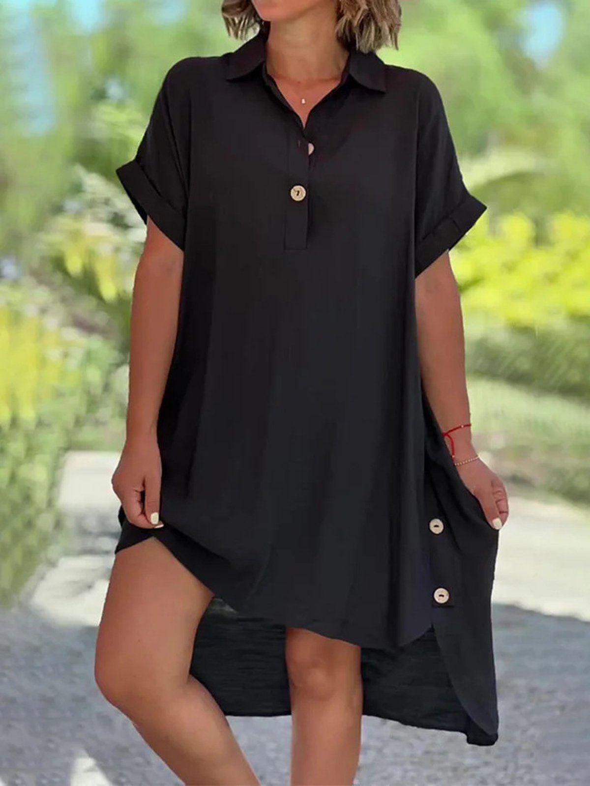 Femmes Plain Rose Foncé Col de Chemise Confortable Robe Mi-Longue Décontracté