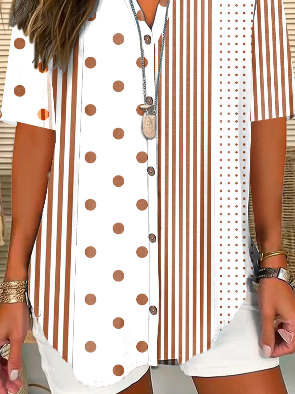 Blouses Pois Polka Décontracté Été Polyester Boutonné Quotidien Mi-long Régulier Col de Chemise pour Femmes