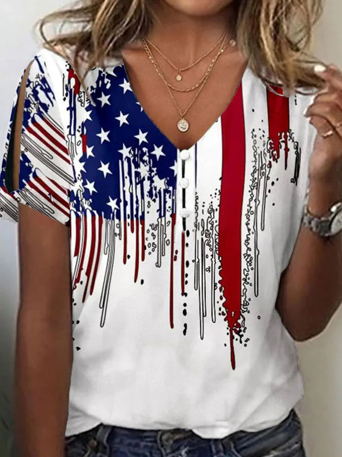 T-shirts Femmes Décontracté Été Drapeau des États-Unis Polyester Micro-élasticité Ample Manches Courtes Droit Régulier