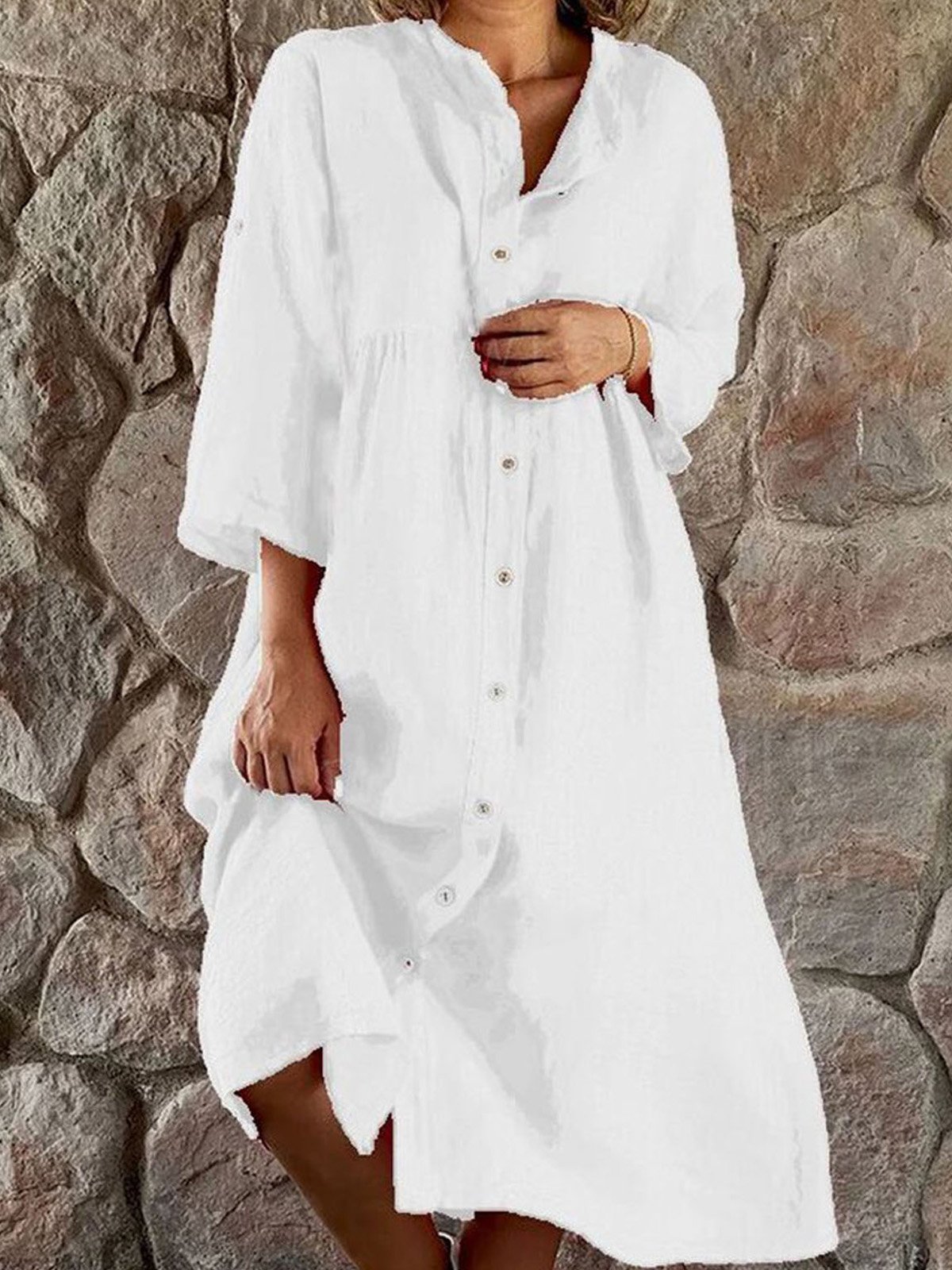 Femmes Plain Rose Rouge Col de Chemise Confortable Robe Mi-Longue Décontracté
