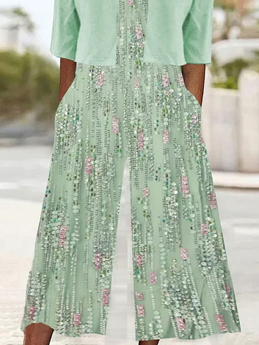 Deux Pièces Ensembles Décontracté Été Aléatoire Imprimé Polyester Naturel Aucune élasticité Meilleure vente Col Rond Poche Couture pour Femmes