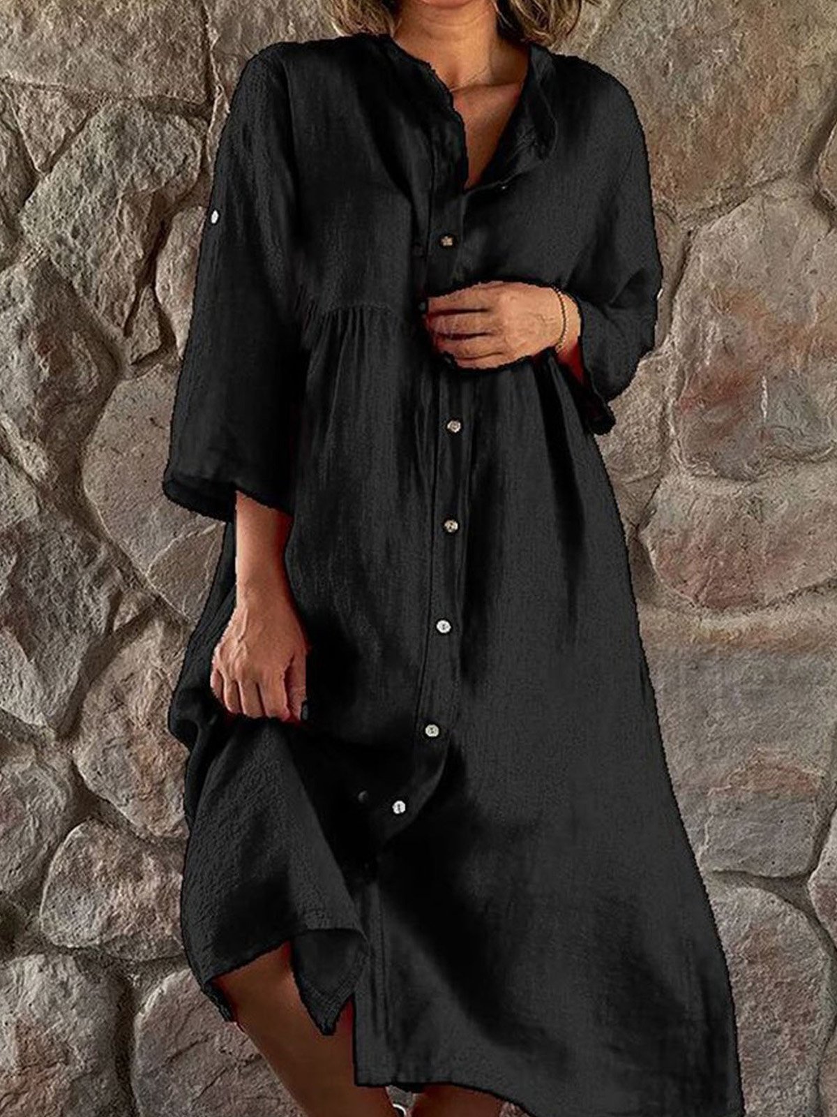 Femmes Plain Rose Rouge Col de Chemise Confortable Robe Mi-Longue Décontracté