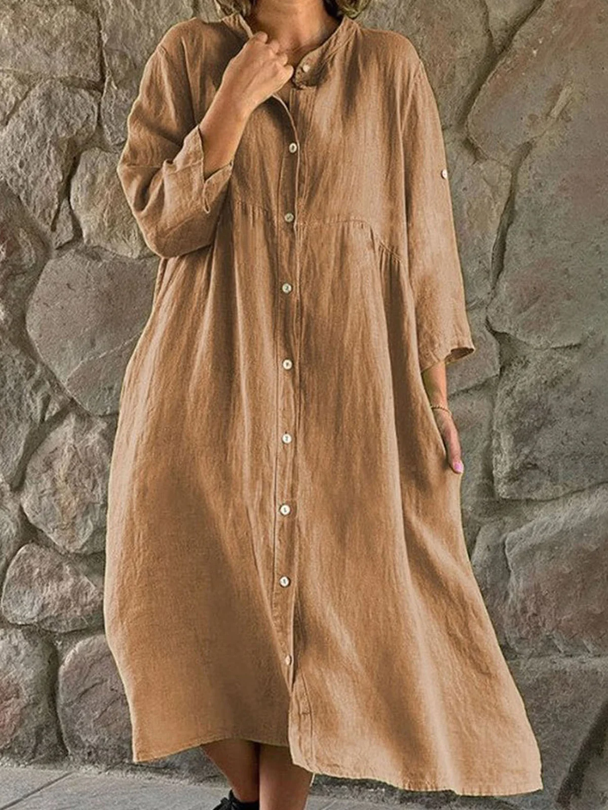 Femmes Plain Rose Rouge Col de Chemise Confortable Robe Mi-Longue Décontracté