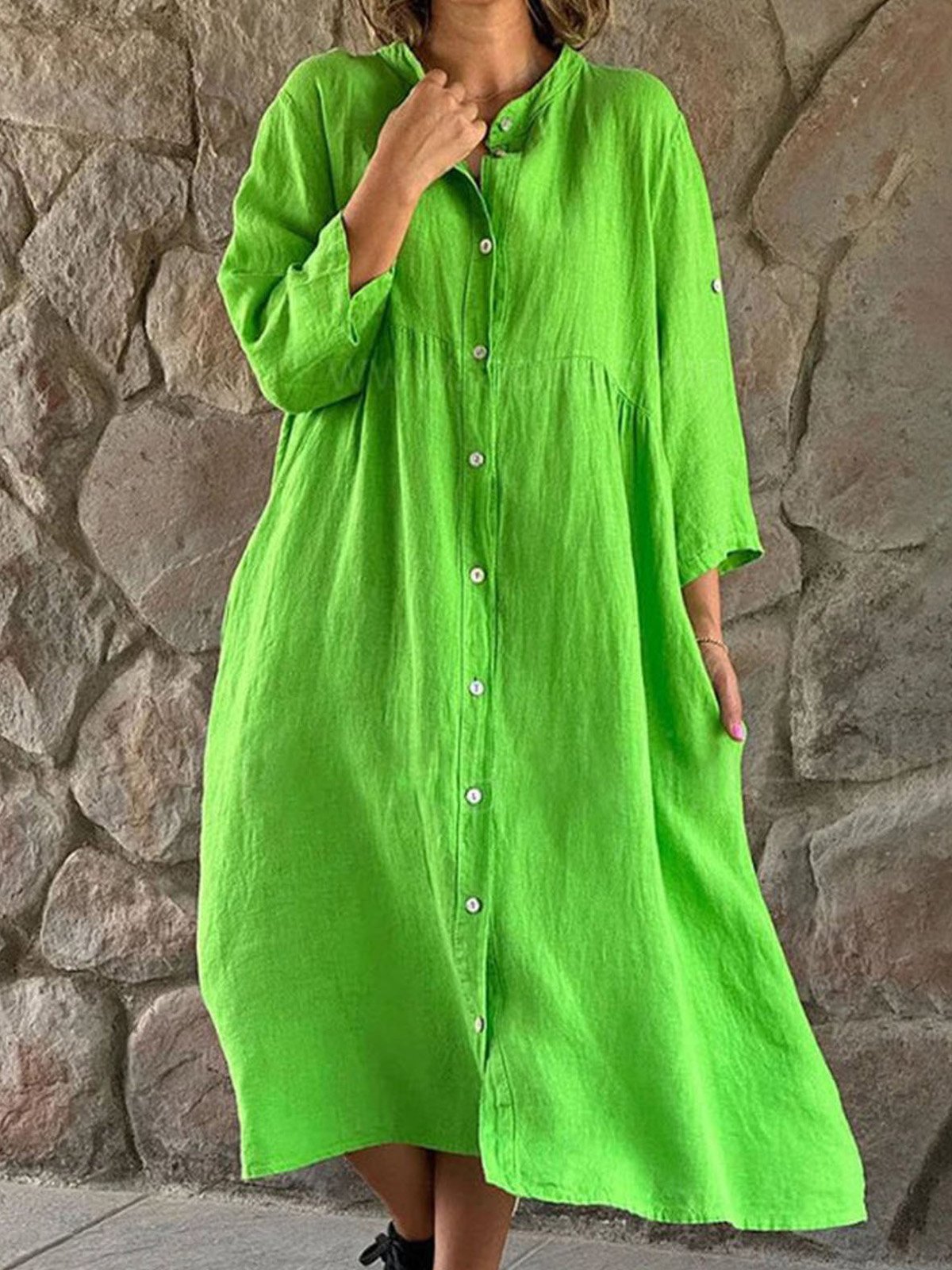 Femmes Plain Rose Rouge Col de Chemise Confortable Robe Mi-Longue Décontracté