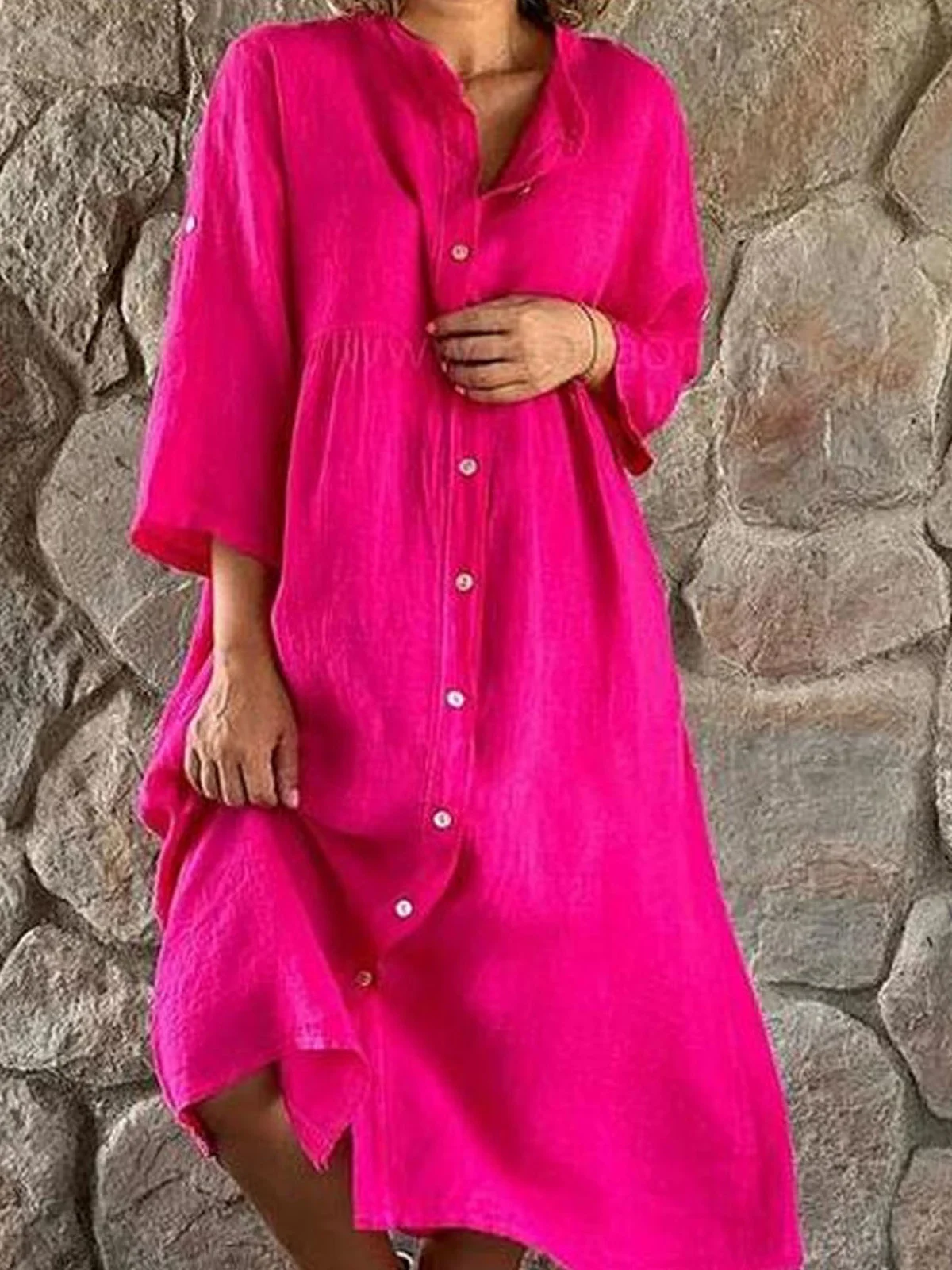 Femmes Plain Rose Rouge Col de Chemise Confortable Robe Mi-Longue Décontracté